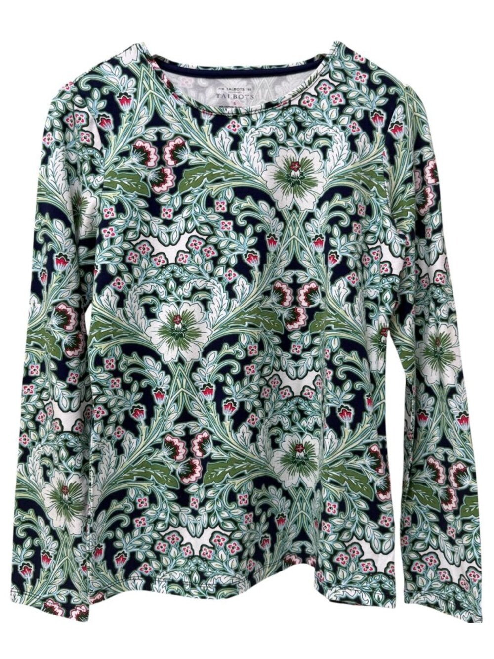 Talbots T-shirt Top Size Small Navy Green Paisley Long Sleeve Cotton Preppy NWT